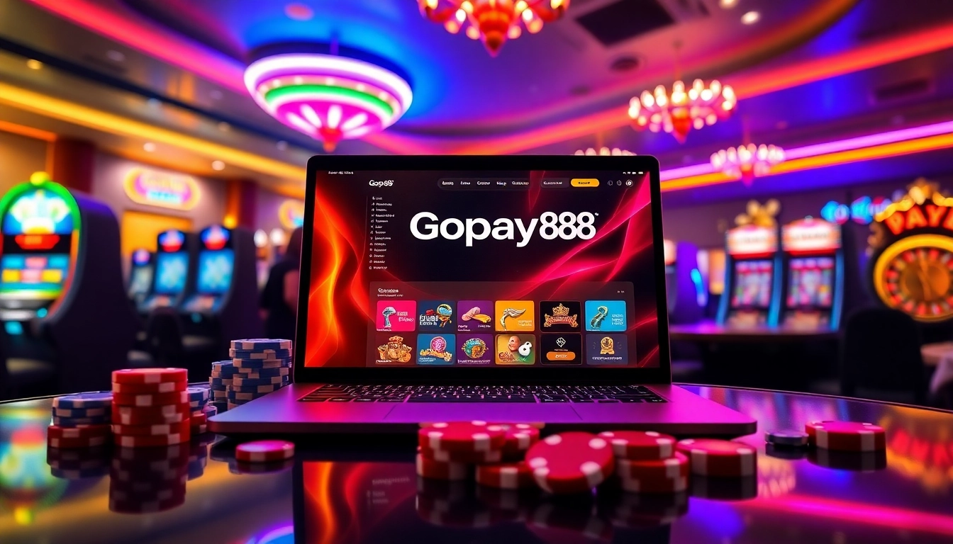 Experience Gopay88 online gambling excitement with vibrant slot machines and poker elements.