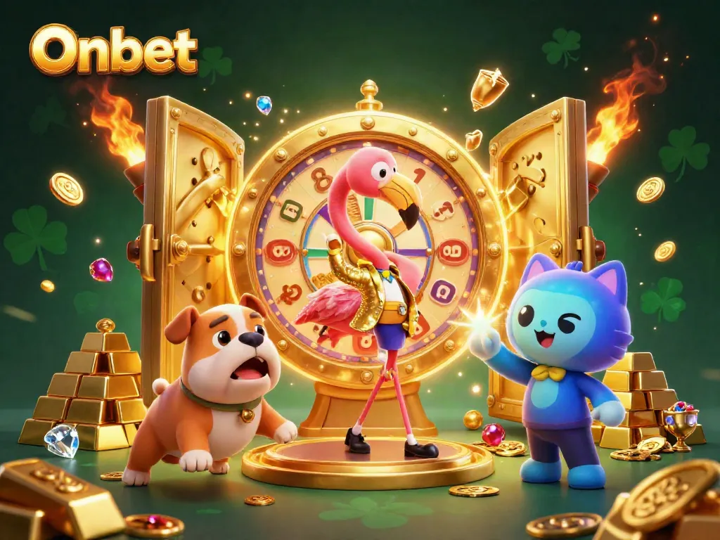 Engage with Onbet's exciting prize wheel with a flamingo host, vibrant treasures, and lively characters.