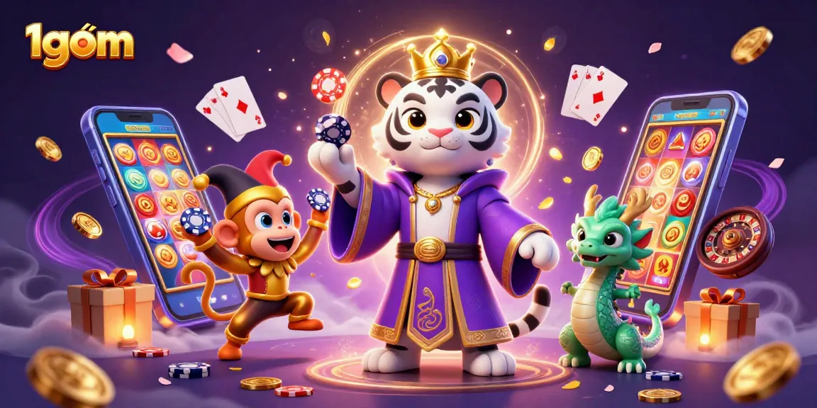 Engage in the dynamic world of 1gom with a playful scene featuring a royal tiger and golden monkey amidst vibrant casino elements.