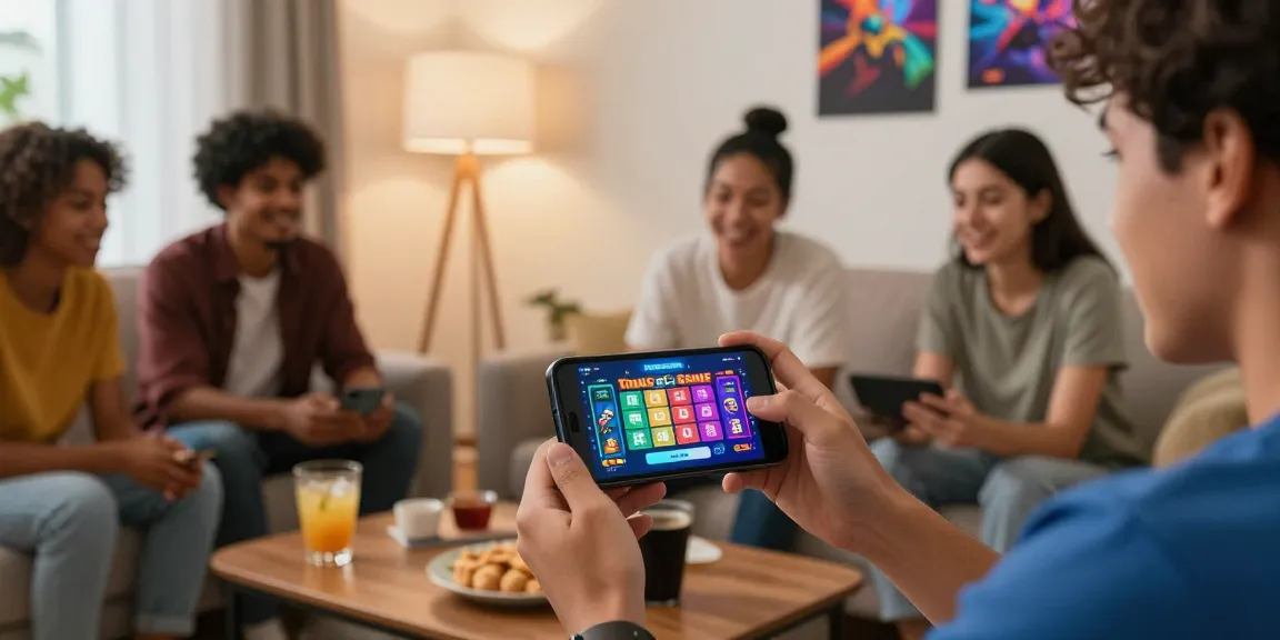 Tiranga Game Login on smartphone in a cozy living room setting, friends enjoying mobile gaming together.