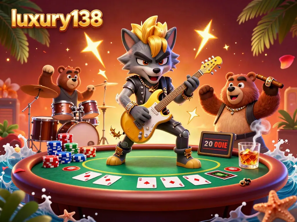 Experience luxury138 with a rock star wolf shredding on stage amidst poker chips and cards in a lively casino atmosphere.