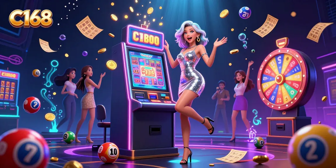 Experience thrilling games at C168 with a vibrant scene of excitement, celebrating jackpots and fun.
