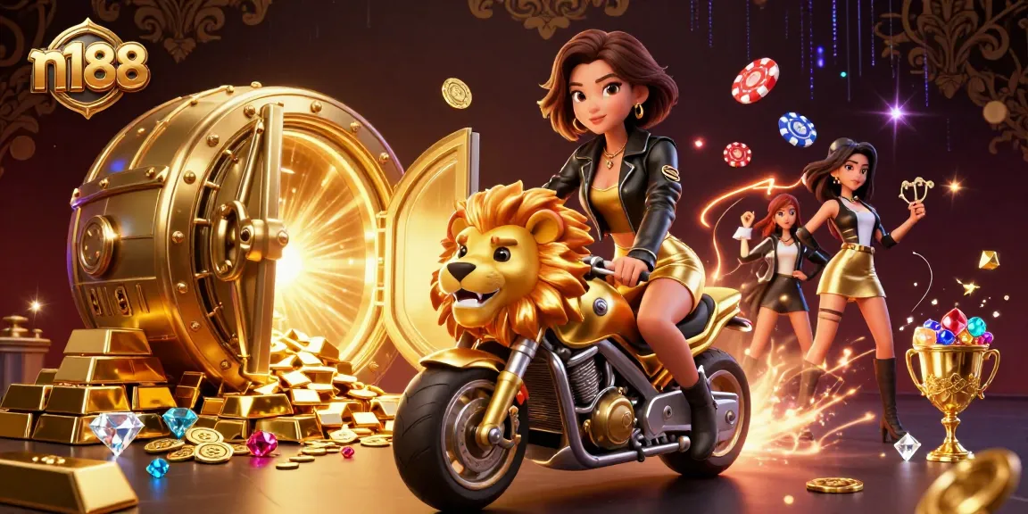 Experience thrilling gaming at n188 with a glamorous woman riding a golden lion amidst gold and jewels.