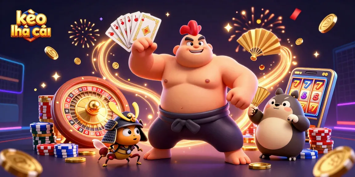 Kèo nhà cái showcases a powerful sumo rooster and fierce samurai cricket, celebrating with casino elements.