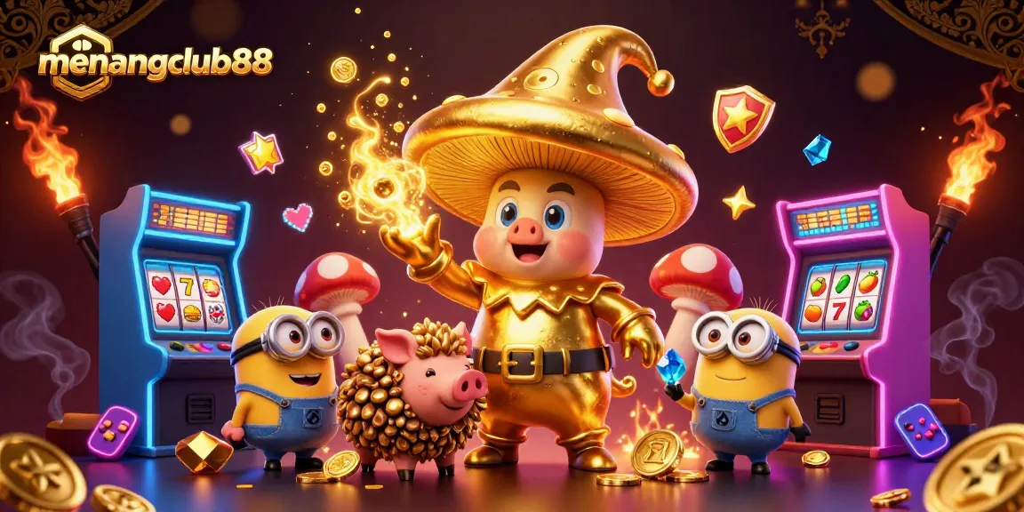 Experience excitement at menangclub88 with a golden wizard, treasure, and vibrant casino elements.
