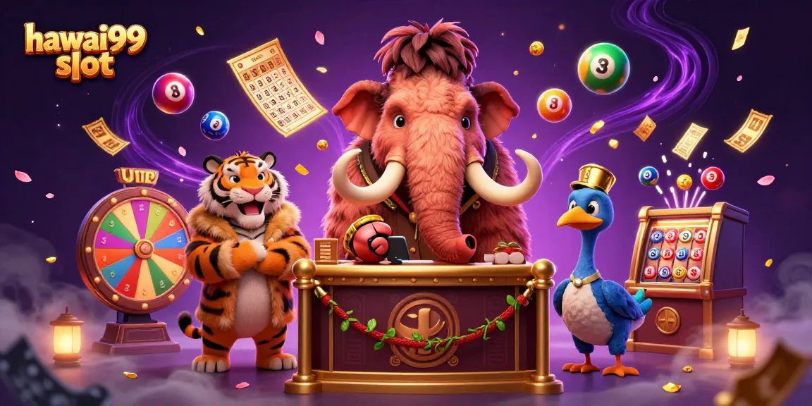 Experience hawai99 slot's vibrant ambiance with a cartoon mammoth bouncer and dynamic casino elements.