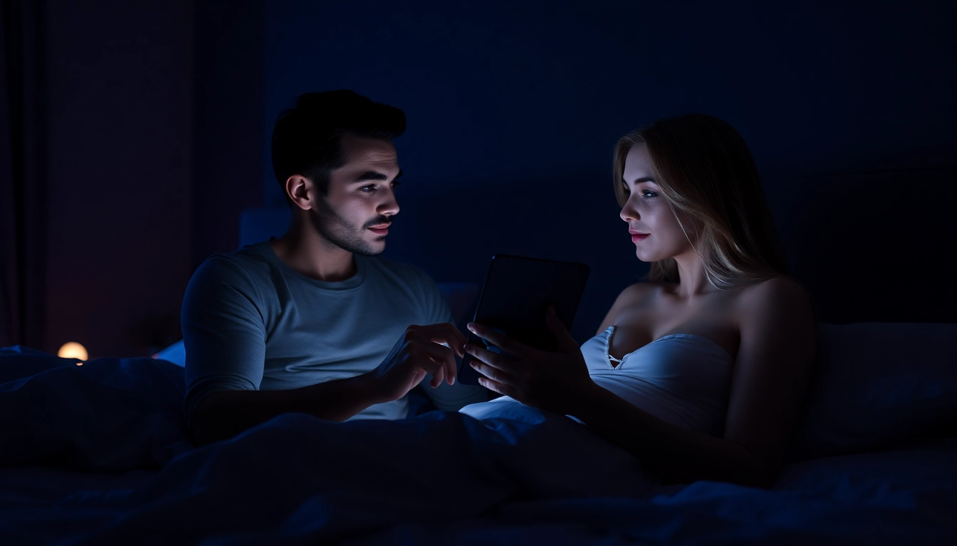 Engaging ai nsfw conversation in a cozy bedroom with a lifelike AI character on a tablet.