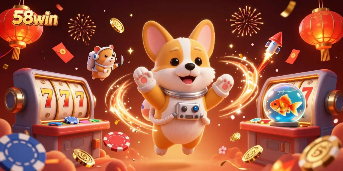 Experience thrilling casino excitement at 58win with a vibrant 3D illustration featuring corgi and friends.