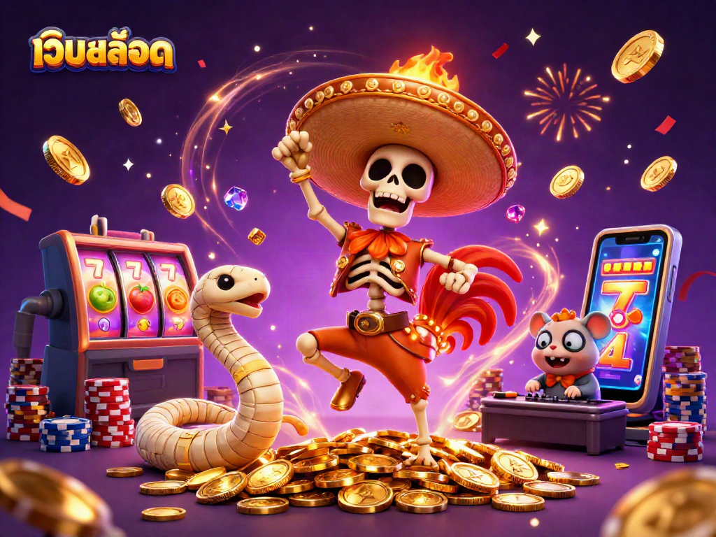 Win at เว็บสล็อต with a festive 3D illustration featuring dynamic casino characters including a dancing rooster and slot reels.