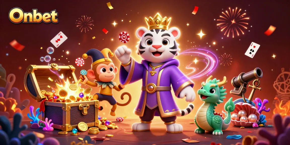 Onbet offers exciting gaming experiences with a vibrant tiger, juggler, and magical dragon in a casino-themed illustration.