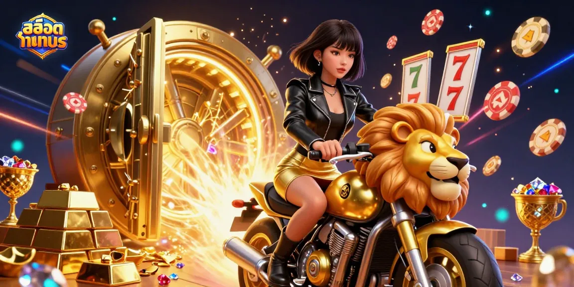 Engage with สล็อตทดลอง as a glamorous Asian woman rides a golden lion amidst dynamic slot game elements.
