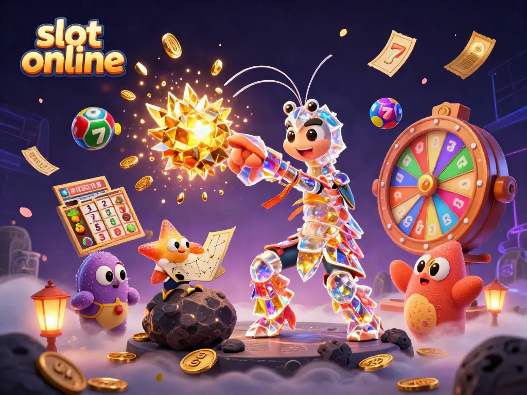 Bermain slot online dengan karakter mantis udang galaksi yang beraksi dan simbol slot menarik dalam gambaran yang hidup.