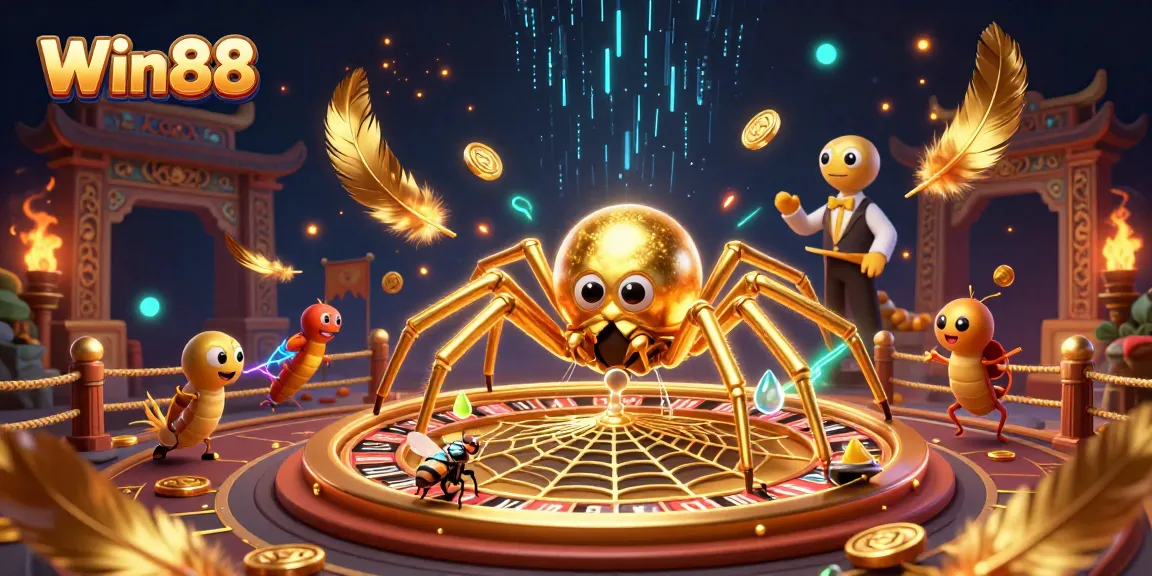 Experience thrilling bets at Win88 with a golden spider and centipede in a vibrant 3D casino scene.