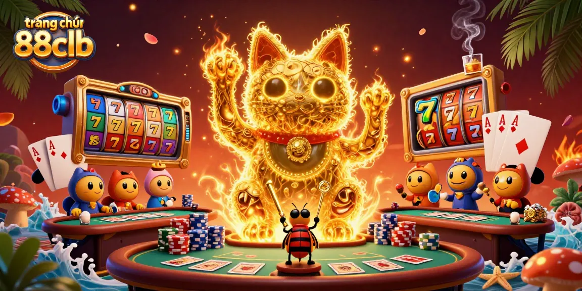 Engage with the vibrant atmosphere of trang chủ 88clb as golden fireflies create a lucky cat surrounded by dynamic casino symbols.