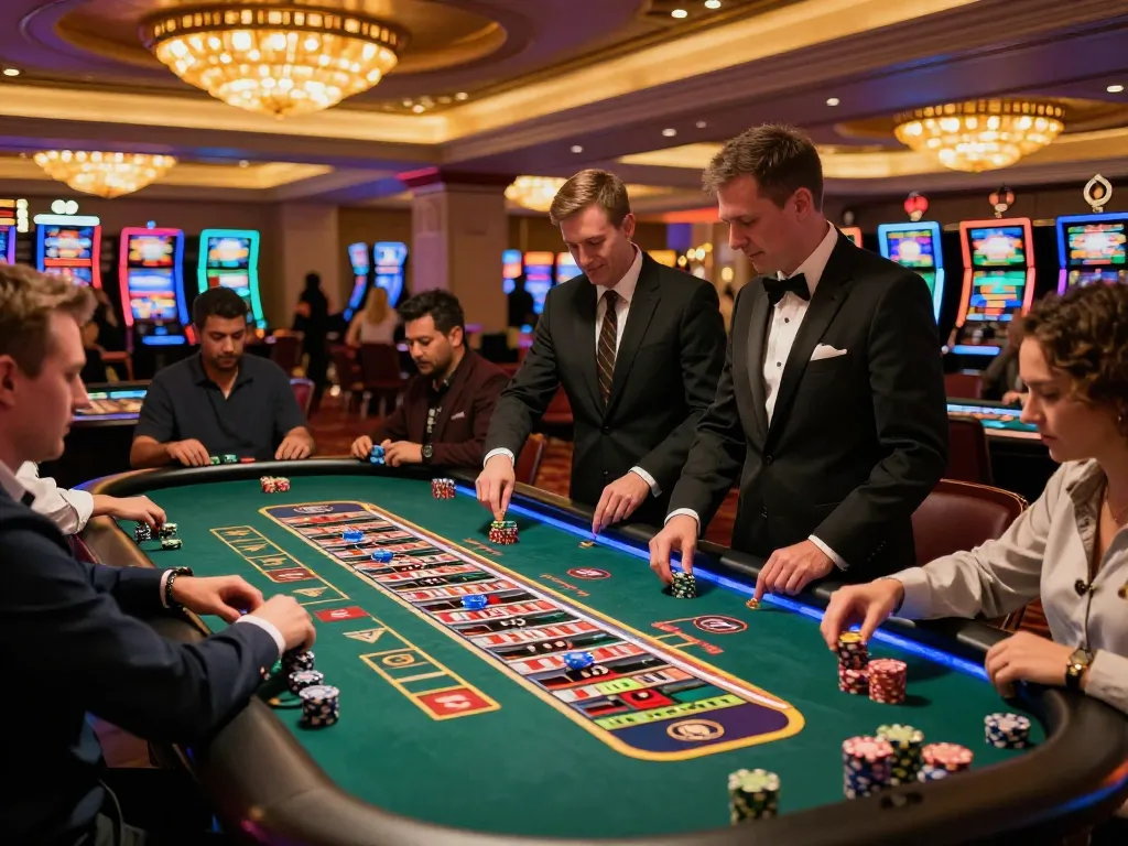 Withdraw cash smoothly at a bustling roulette table in a vibrant casino, showcasing strategic betting.