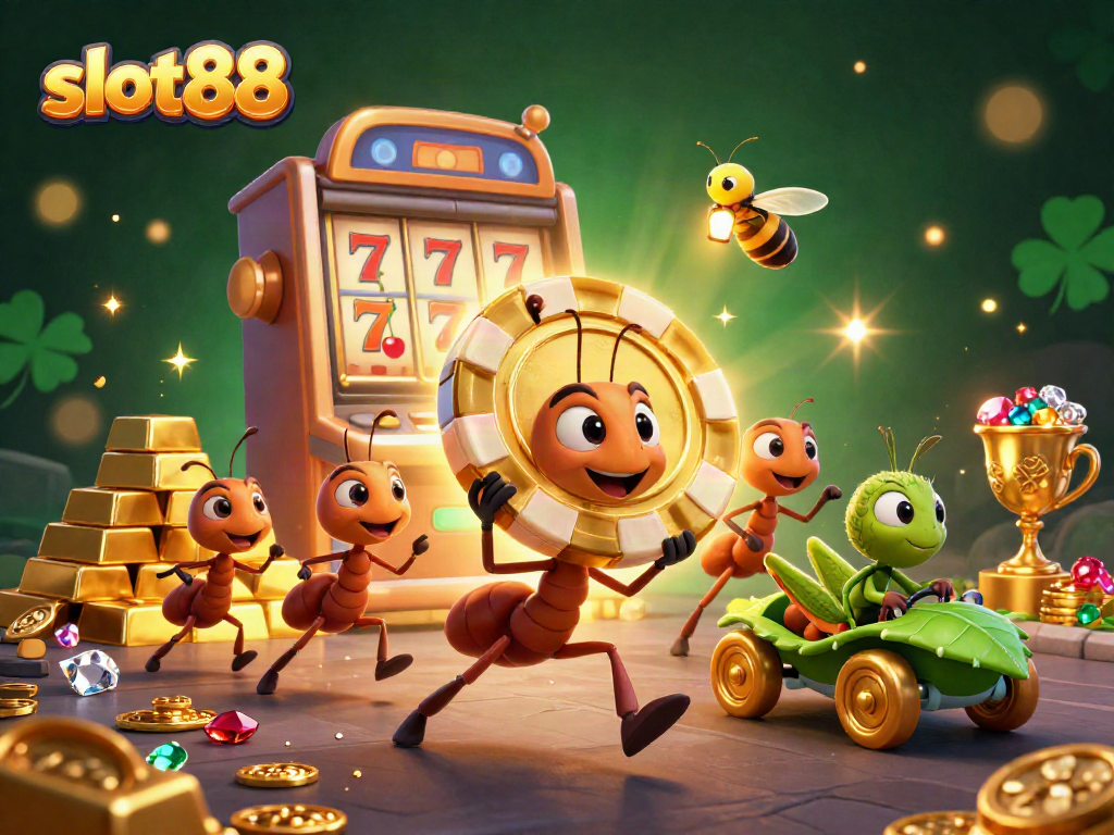 Join the thrilling action of slot88 with ants heisting a giant chip in a vibrant 3D casino scene.