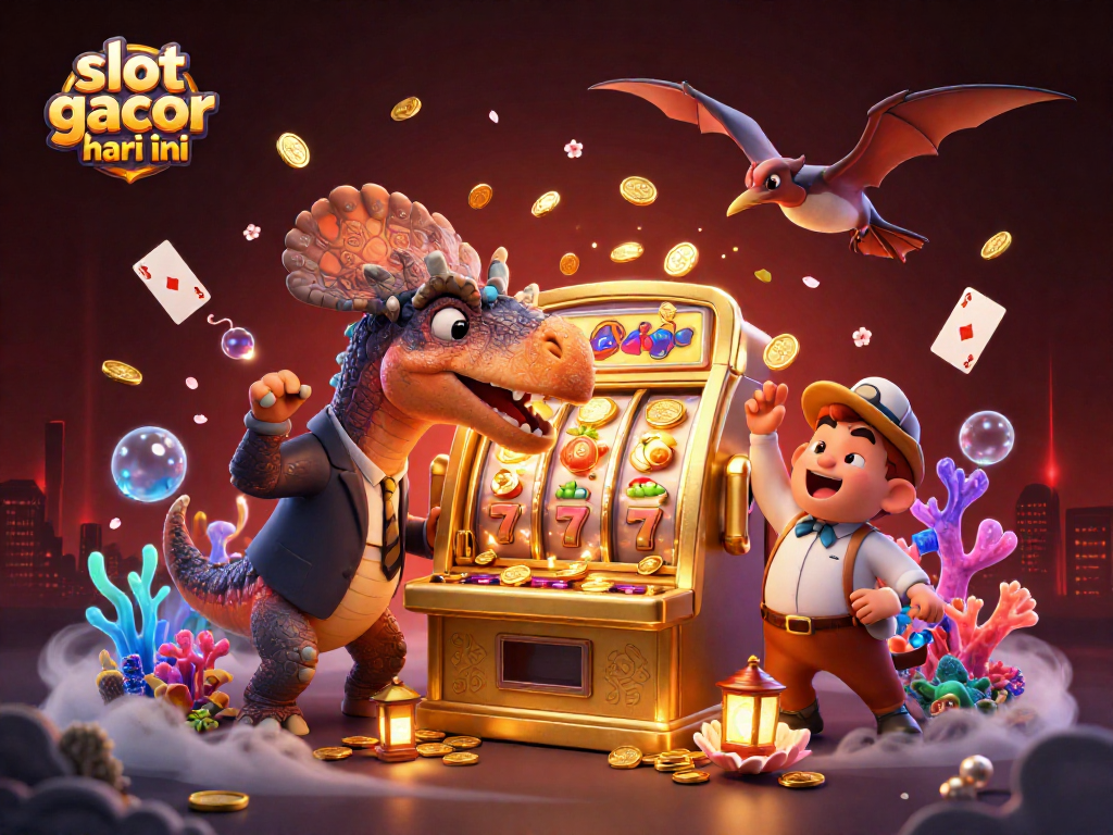 Spin the slot gacor hari ini jackpot as a dinosaur headbutts the machine, surrounded by gold coins.