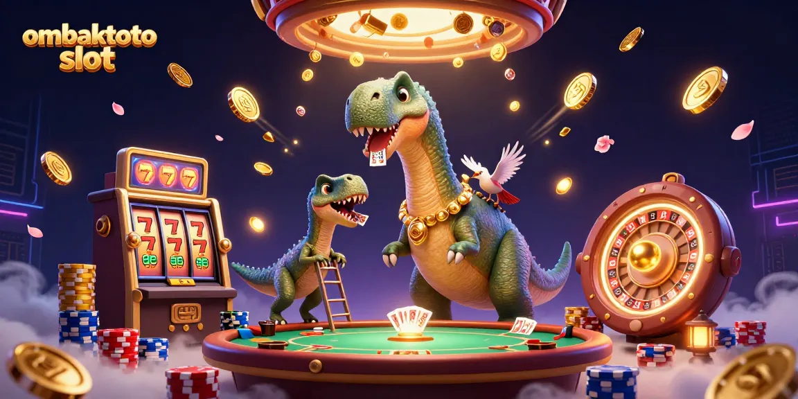Engage with ombaktoto slot featuring a whimsical scene of animated dinosaurs amid vibrant casino elements.