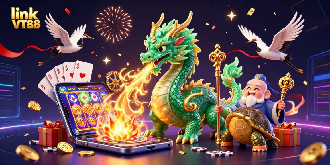 Experience thrilling gameplay with link VT88, featuring a vibrant dragon scene packed with casino elements.