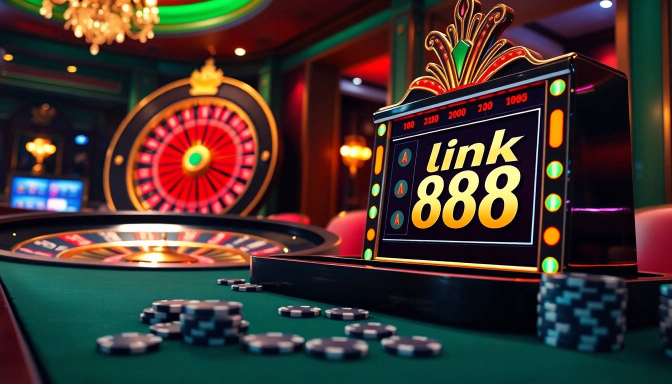 Experience thrilling gaming action at link 88i with a vibrant slot machine and poker chips.