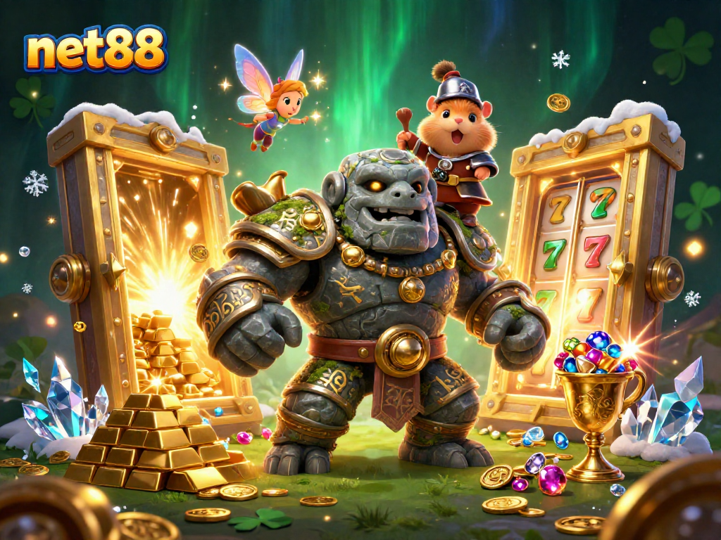 Experience the thrill of net88 with a magical scene featuring a golem, fairy, and hamster knight.