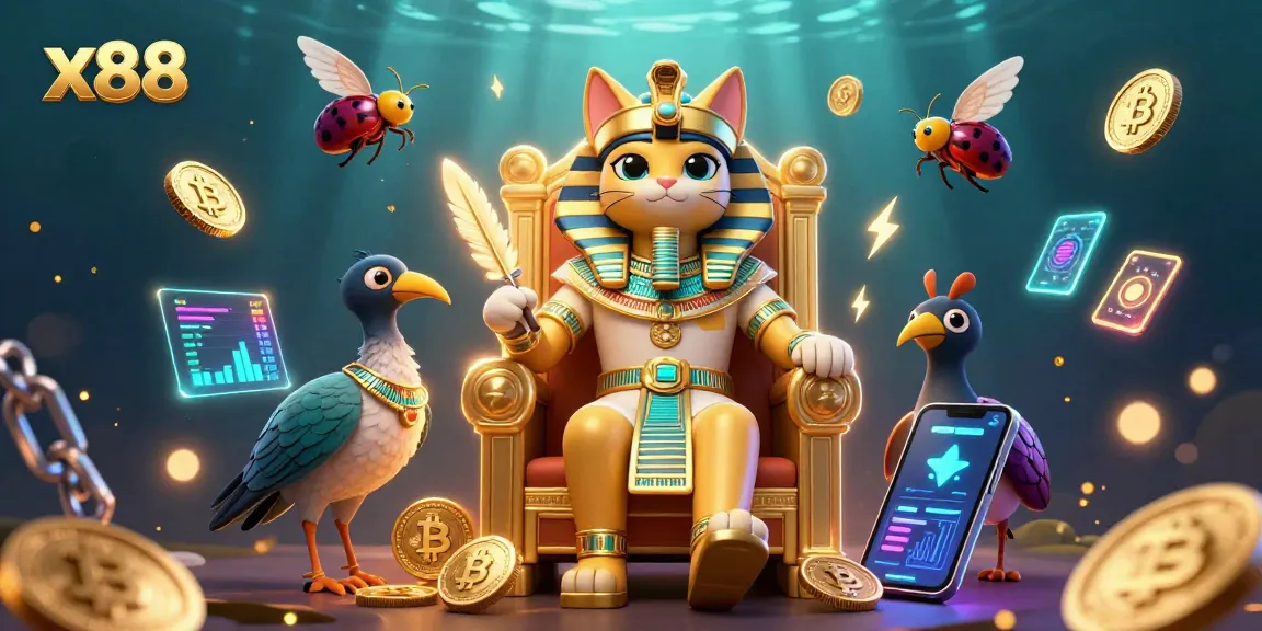 x88 showcases a vivid 3D casino scene with an Egyptian pharaoh cat and crypto elements, uplifting the gaming atmosphere.