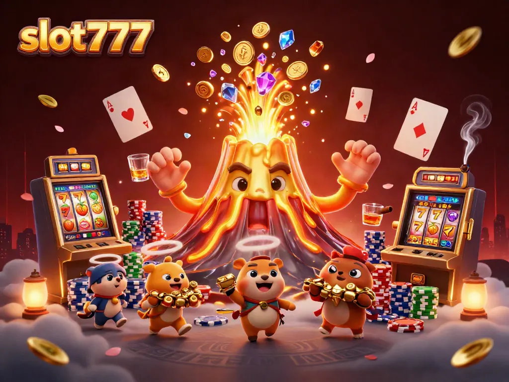 Engage with slot777 as a golden volcano erupts treasures amid animated gamblers in joy.