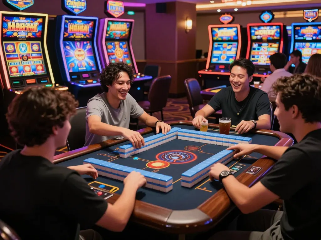 Players winning big on the situs gacor Mahjong slot machines in an upscale casino atmosphere.