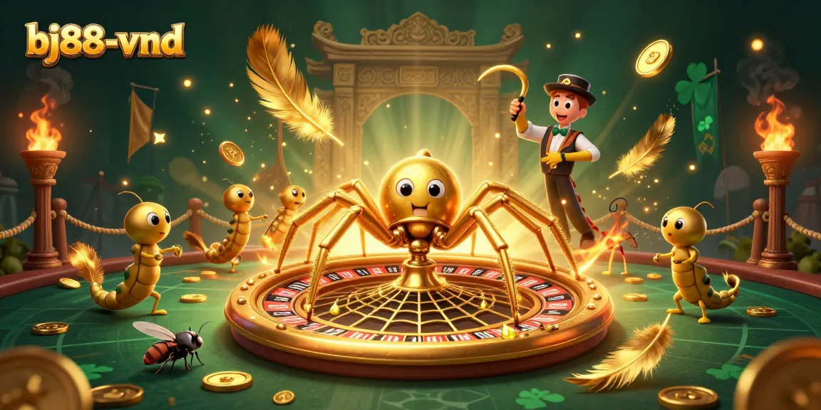Experience thrilling gameplay at bj88-vnd with a dynamic illustration of a golden spider and quirky characters.