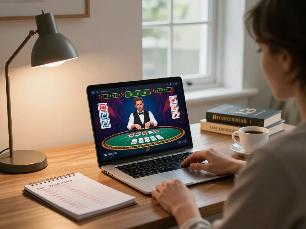 Person using 3win com for a live dealer game in a stylish home office setting.