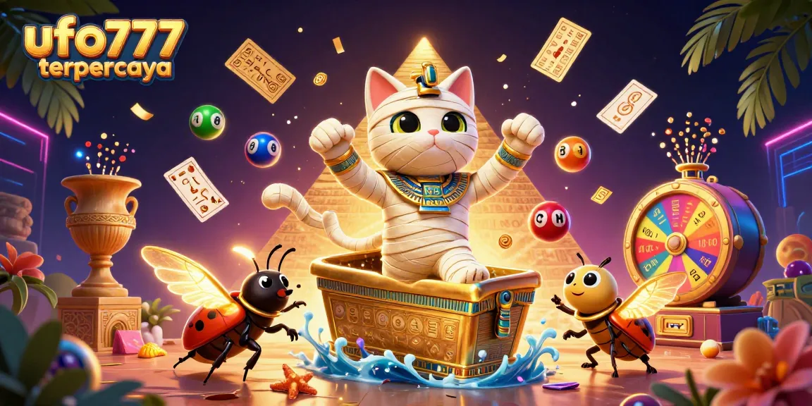Experience ufo777 terpercaya with thrilling games amid vibrant casino elements and a cartoon mummy.