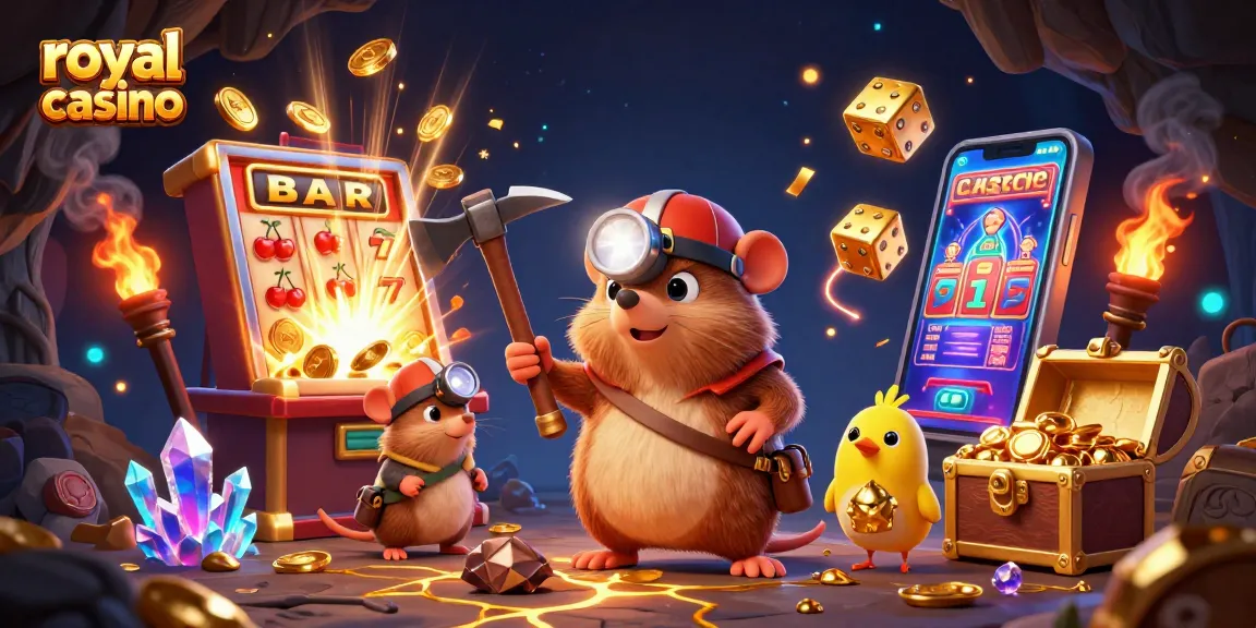 Engaging scene of royal casino gameplay with treasure hunter mole and slot machines bursting with winnings.