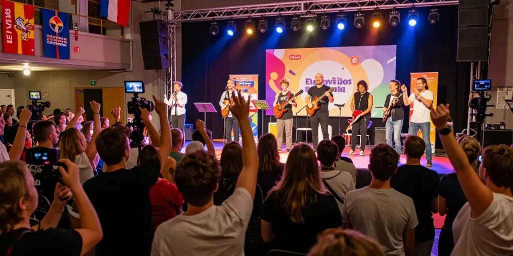 Vibrant Eurovizijos atranka event captured with audience cheering and performers on stage from https://kurpramogauti.lt/.