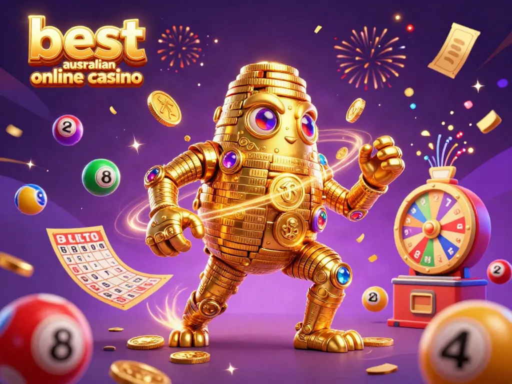 Engage with the best australian online casino in a dynamic 3D illustration featuring a golden golem and lively game elements.