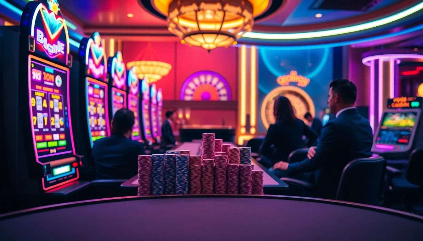 Experience the thrill of qqmacan slot machines in a vibrant, luxurious casino setting.