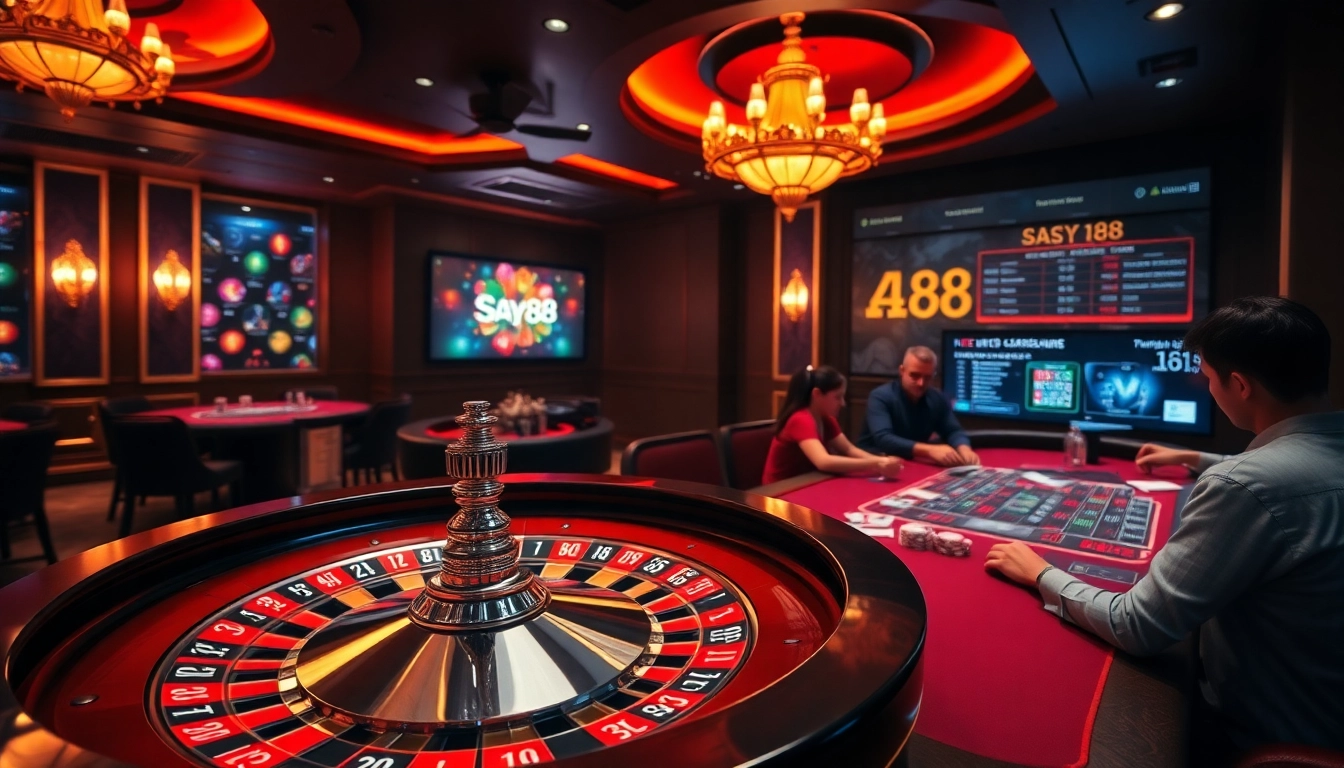 Immerse in the excitement of say88 nhà cái with players at high-stakes tables and a stunning roulette wheel.
