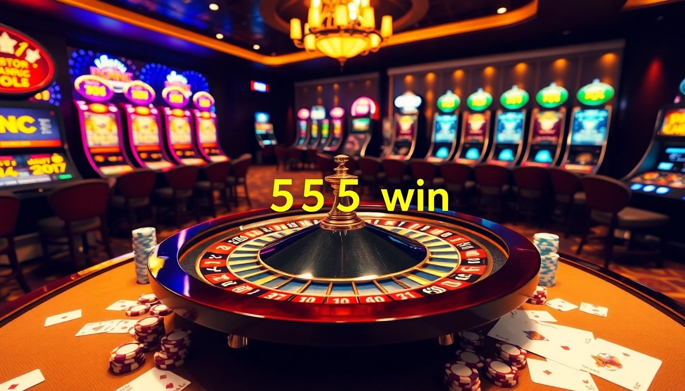 Experience the thrill of 555 win at a high-stakes casino with roulette and poker chips.