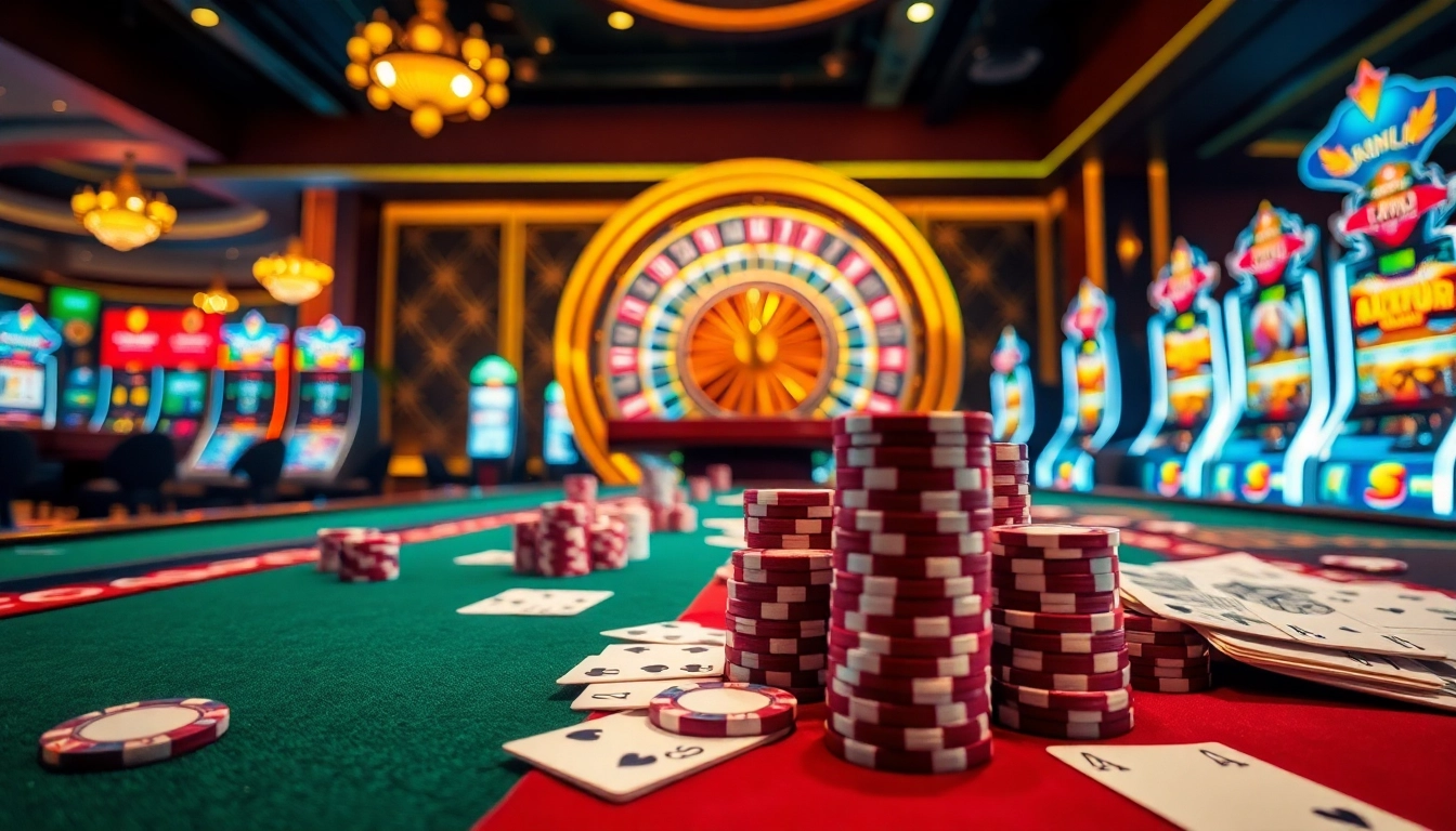 Players engage on an immersive gaming table at u888 com, showcasing poker chips and vibrant slot machines.