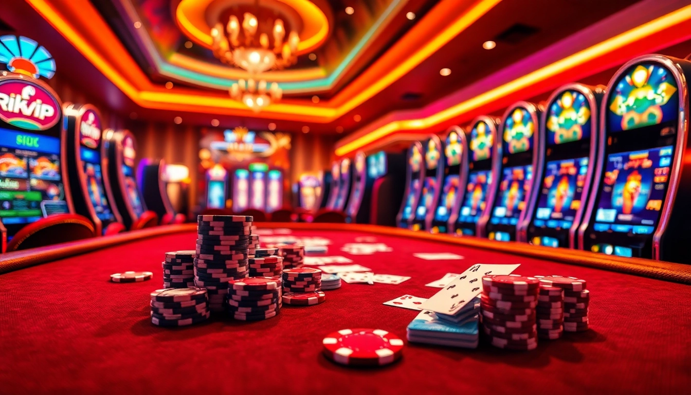 Experience the thrill of online gambling with rikvip at a luxurious casino table filled with action.