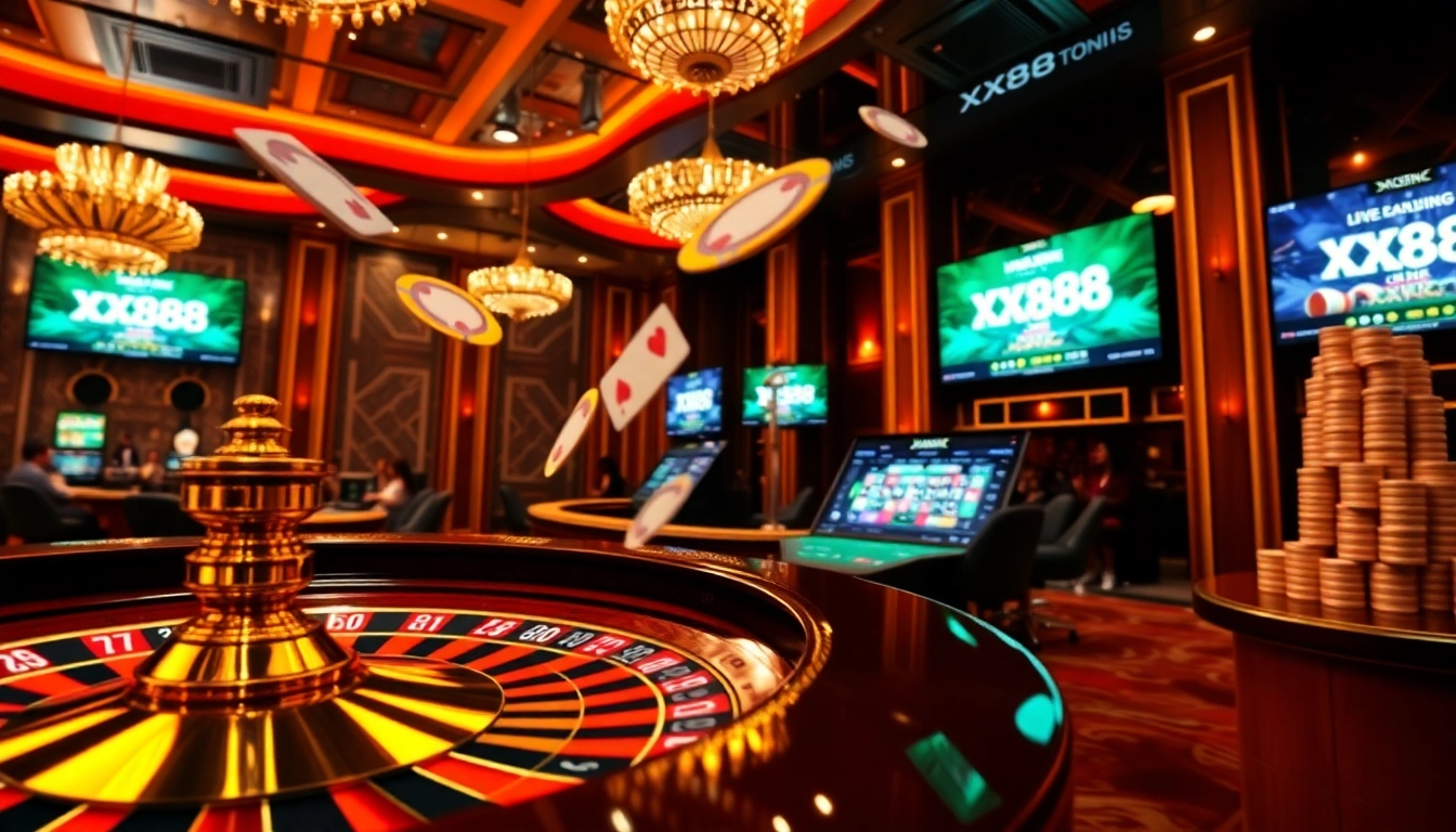 Casual gamblers enjoying thrilling games on https://xx88.today/ at a luxurious online casino.