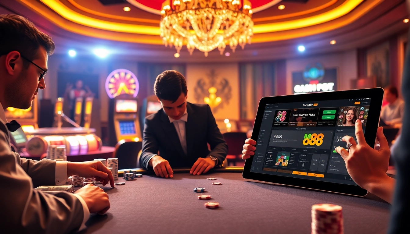 Engaging gamblers at the Man88 casino with vibrant poker tables and dynamic roulette wheels.