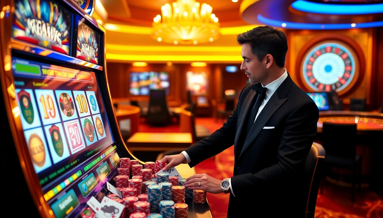 Engaging with a vibrant slot machine at https://xx88.nl/ casino, surrounded by poker chips and cards.